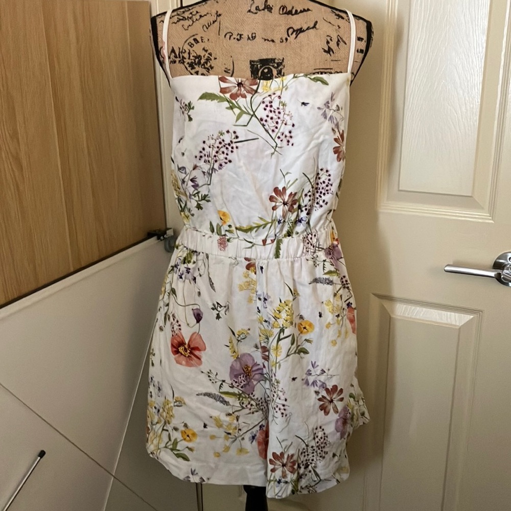 H&M beautiful floral print romper linen cotton blend cut out tie back XL 16
